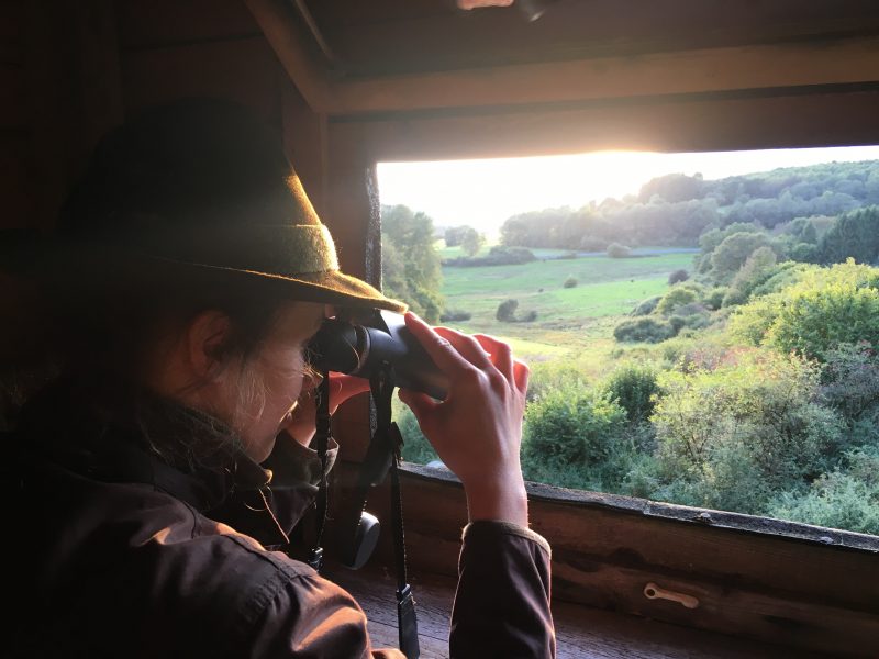 Jäger mit Fernglas bei Sonnenaufgang im Hochsitz
