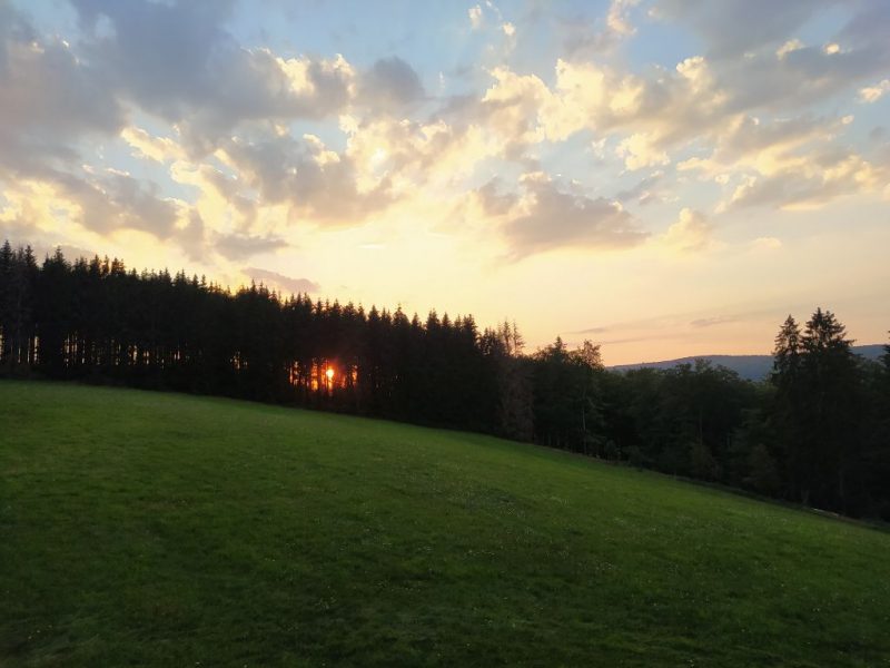 Sonnenuntergang über Wäldern und Wiesen im Sauerland